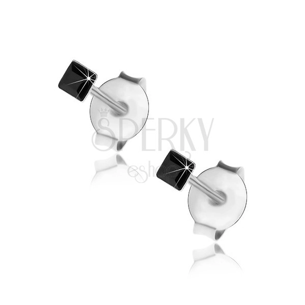 Stud earrings, 925 silver, black Swarovski crystal - square, 2 mm