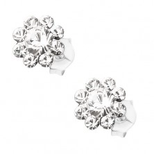 Stud earrings, 925 silver, flower composed of clear Preciosa crystals