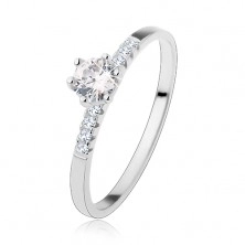 Engagement 925 silver ring, round clear zircon, shimmering lines on shoulders