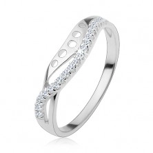 Ring made of 925 silver, clear zircon curved line, smooth line with round cutouts