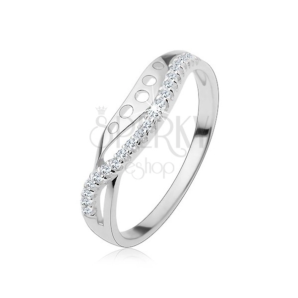 Ring made of 925 silver, clear zircon curved line, smooth line with round cutouts