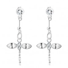 Earrings made of 925 silver, dangling dragonfly, clear Swarovski crystals
