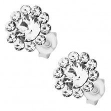 925 silver earrings, sparkly flower made of clear Preciosa crystals, studs