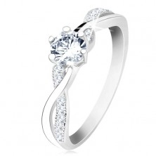 925 silver ring, curved intertwined shoulders, clear zircon