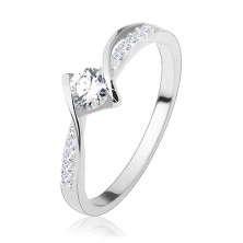 Engagement ring, 925 silver, shiny rounded lines, round clear zircon in the middle