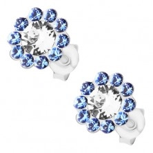Silver earrings 925, sparkly flower, clear and blue Preciosa crystals
