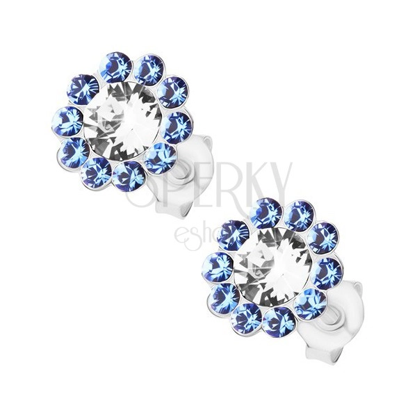 Silver earrings 925, sparkly flower, clear and blue Preciosa crystals