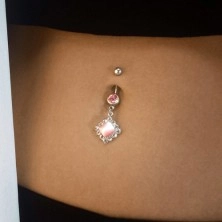 Navel piercing, 316L steel, silver hue, pink square, clear zircons
