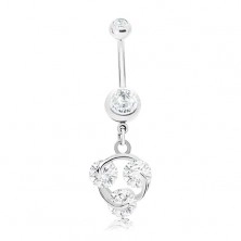 Steel piercing, silver colour, three clear zircons, shiny knot