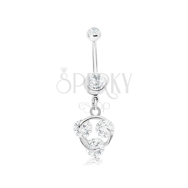 Steel piercing, silver colour, three clear zircons, shiny knot