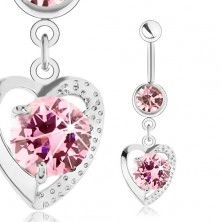 Navel piercing, stainless steel, shiny heart contour, pink zircons