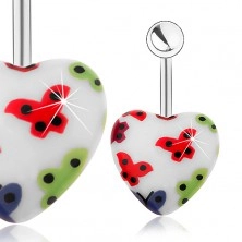 Steel belly button piercing, acrylic heart - white base, multicoloured butterflies