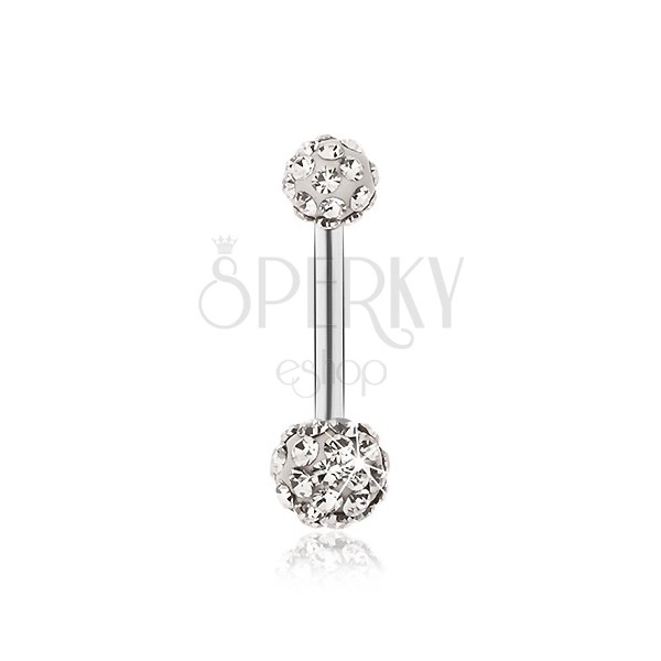 Belly piercing, stainless steel, white balls, clear zircons
