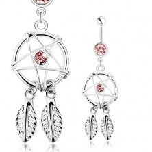 Steel belly bar, dreamcatcher with feathers and pink zircon