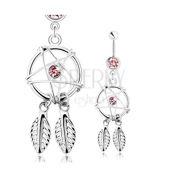 Steel belly bar, dreamcatcher with feathers and pink zircon