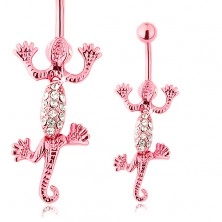 Belly piercing, stainless steel, pink movable lizard, clear zircons
