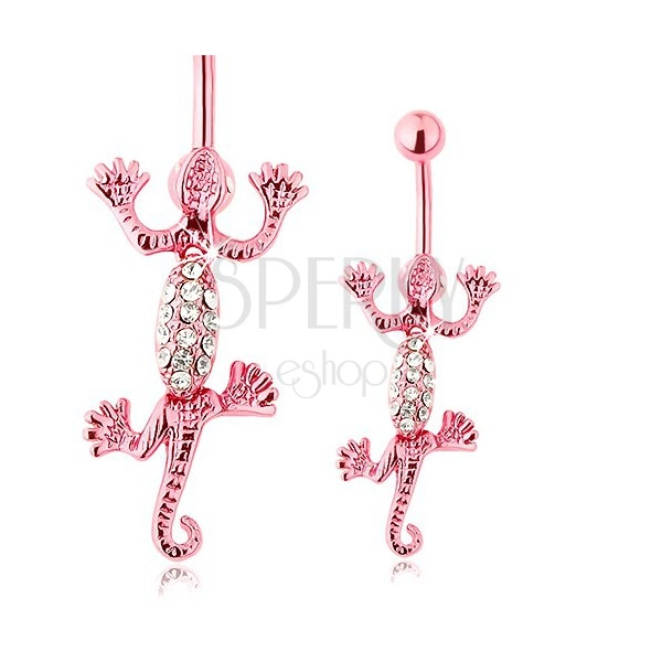 Belly piercing, stainless steel, pink movable lizard, clear zircons