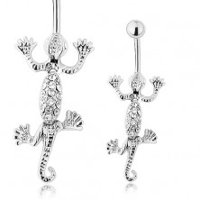 Steel navel piercing, movable lizard in silver colour, clear zircons