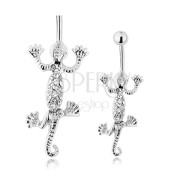 Steel navel piercing, movable lizard in silver colour, clear zircons