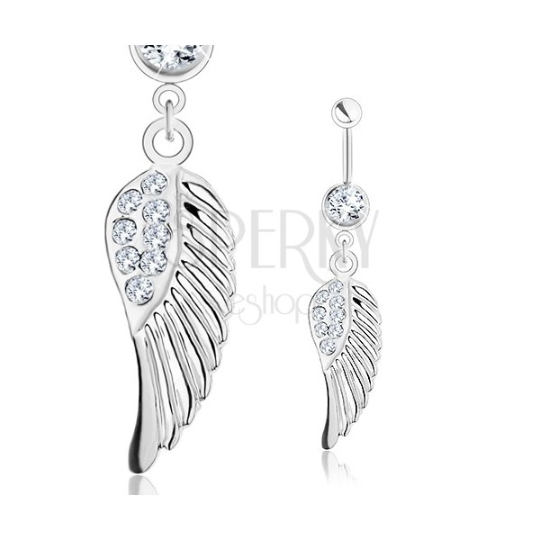 Belly piercing - 316L steel, angel wing with clear zircons, silver hue