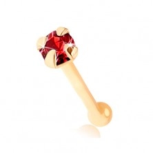 Nose piercing, yellow 9K gold, straight - round shimmering red zircon
