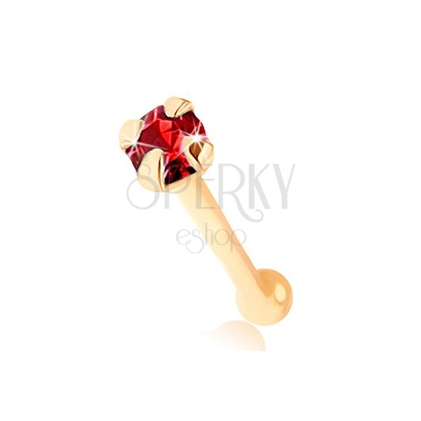 Nose piercing, yellow 9K gold, straight - round shimmering red zircon