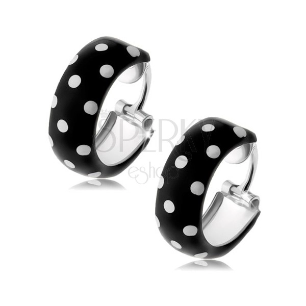 Hoop earrings, 925 silver, black glaze with white polka dots