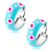 925 silver earrings, small circles, blue enamel, pink and white dots