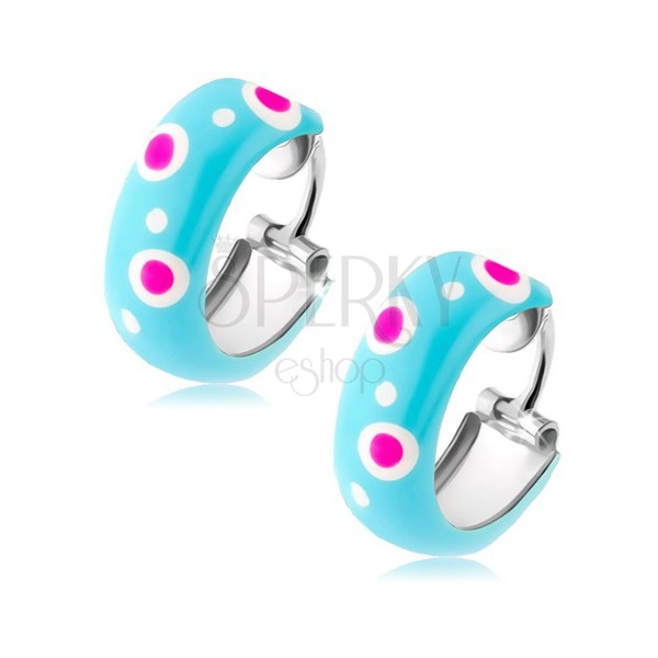925 silver earrings, small circles, blue enamel, pink and white dots