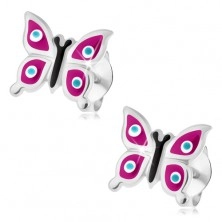 925 silver earrings, butterfly - violet wings, blue dots with white rim