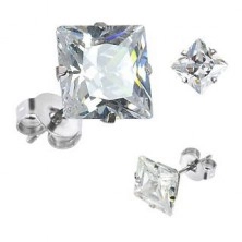 Earrings with studs, 925 silver, ground zircon square in clear colour, 6 mm