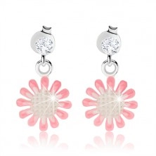 925 silver earrings, flower with white and pink glaze