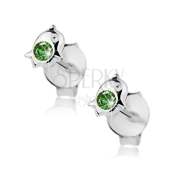 925 silver earrings, dolphin adorned with green Swarovski crystal
