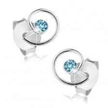 Stud earrings, 925 silver, shiny spiral, light blue Swarovski crystal