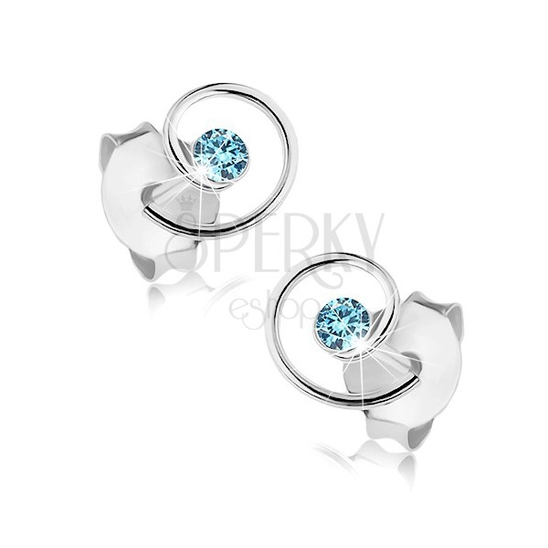 Stud earrings, 925 silver, shiny spiral, light blue Swarovski crystal