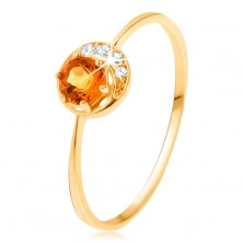 Ring made of yellow 14K gold - thin crescent, yellow citrine, clear zircons