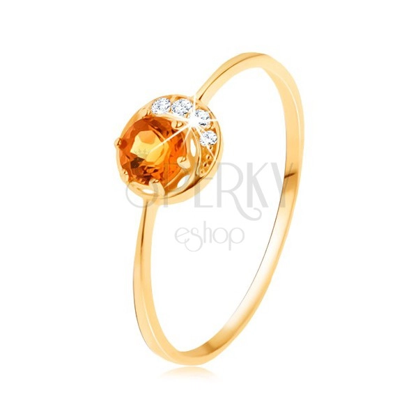 Ring made of yellow 14K gold - thin crescent, yellow citrine, clear zircons