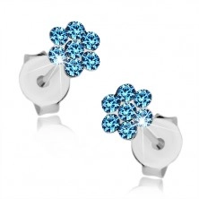 Stud earrings, 925 silver, sparkly flower composed of blue crystals