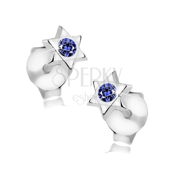 925 silver earrings, small glossy star with dark blue crystal