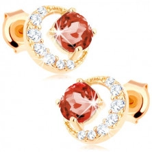585 gold earrings - zircon half-moon, round red garnet