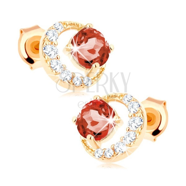 585 gold earrings - zircon half-moon, round red garnet