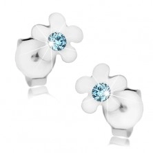 Stud earrings, 925 silver, flower with glossy petals and blue crystal