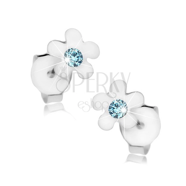 Stud earrings, 925 silver, flower with glossy petals and blue crystal