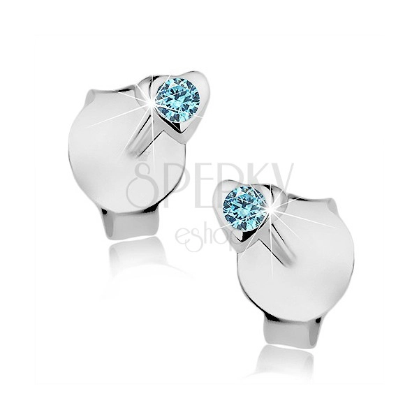 Stud earrings, 925 silver, glossy convex heart, tiny blue crystal