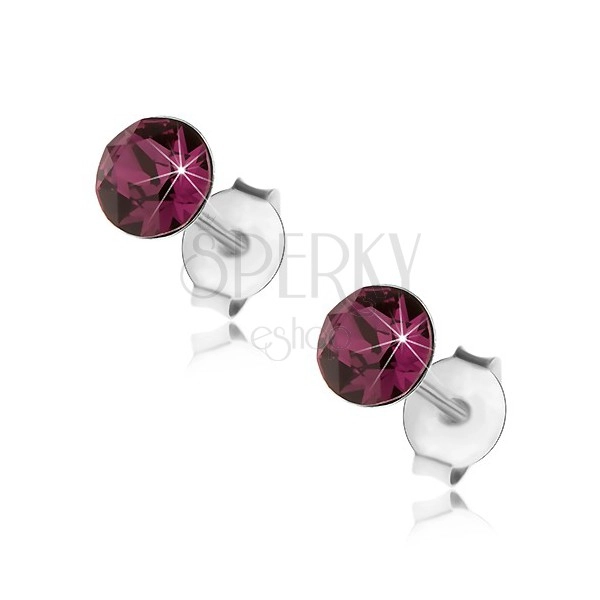 Earrings made of 925 silver, roud Swarovski crystal in violet colour, 5mm