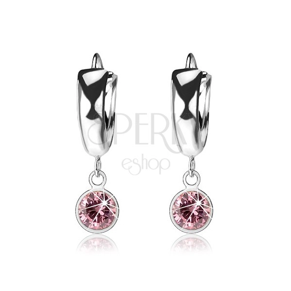 925 silver earrings, smooth circle, light pink zircon in mount