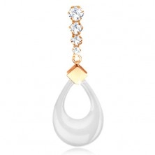 Pendant made of yellow 9K gold - line of clear zircons, white ceramic teardrop outline