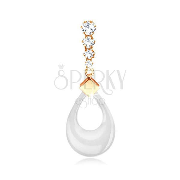 Pendant made of yellow 9K gold - line of clear zircons, white ceramic teardrop outline