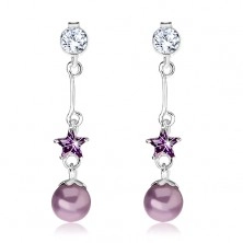 Earrings made of 925 silver, clear zircon, dangling violet star and pearl