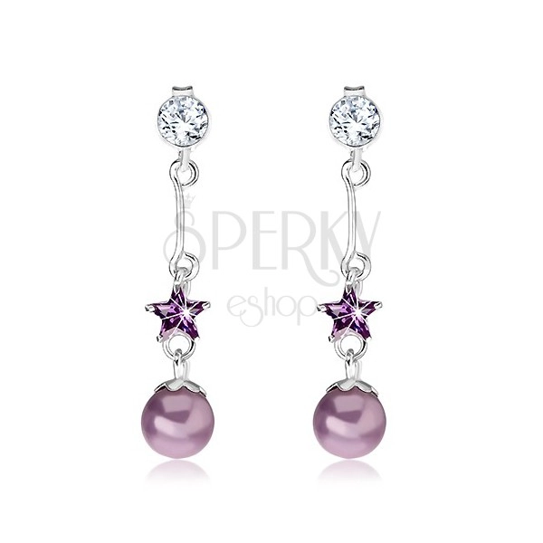 Earrings made of 925 silver, clear zircon, dangling violet star and pearl